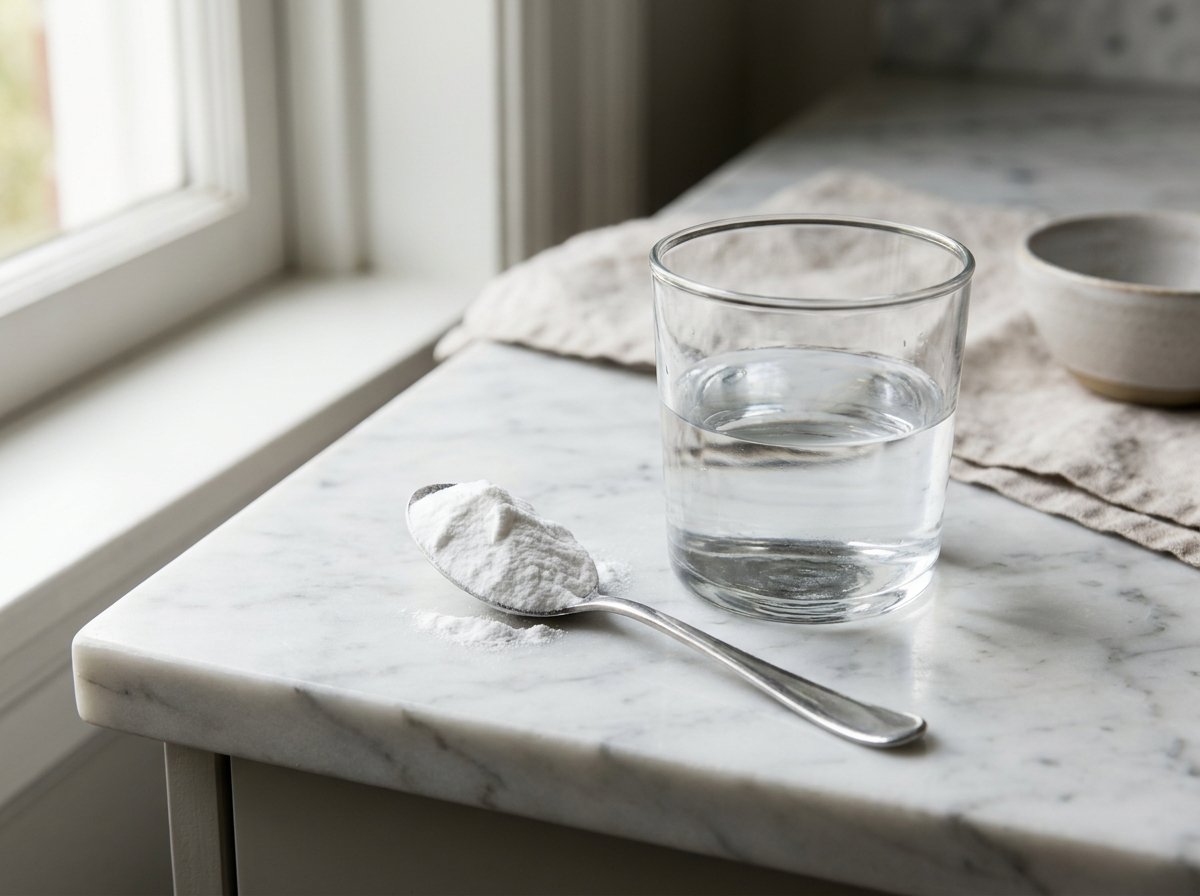 A spoonful of baking soda beside a glass of water on a kitchen counter