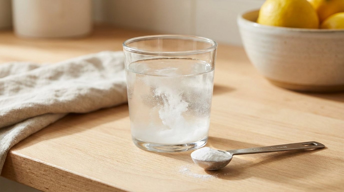 A glass of water with baking soda and a measuring spoon