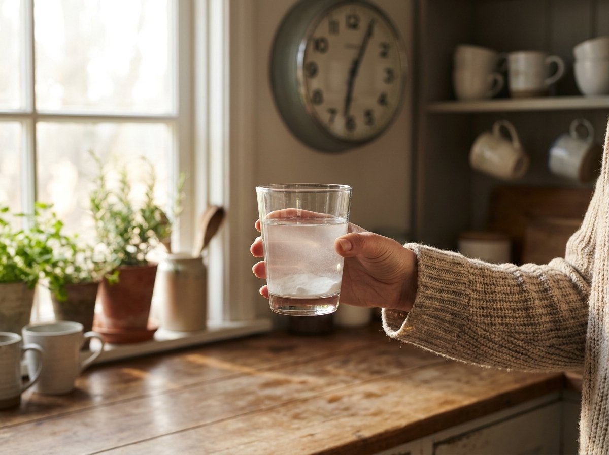 A woman preparing her morning baking soda water shot in the kitchen