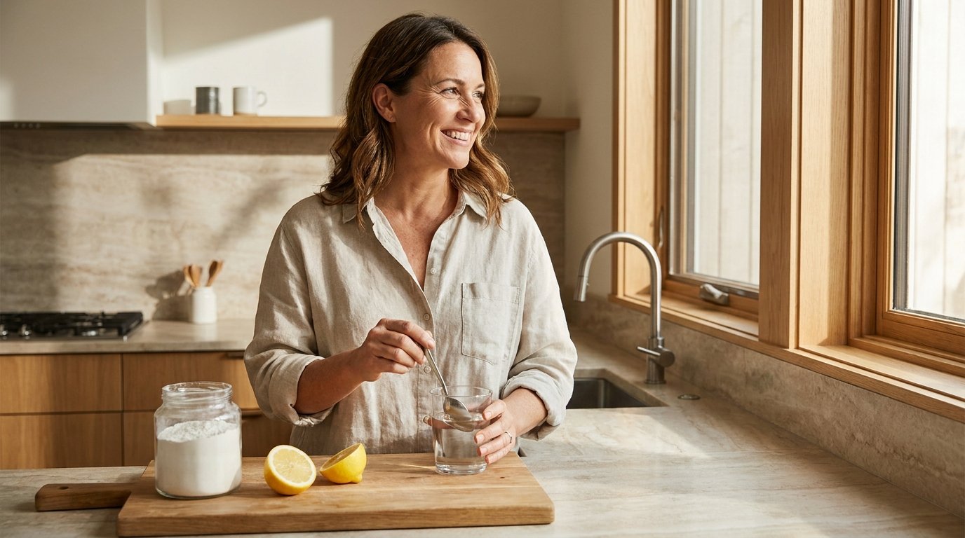 A woman drinking a morning baking soda shot with a clock showing 6:47 AM
