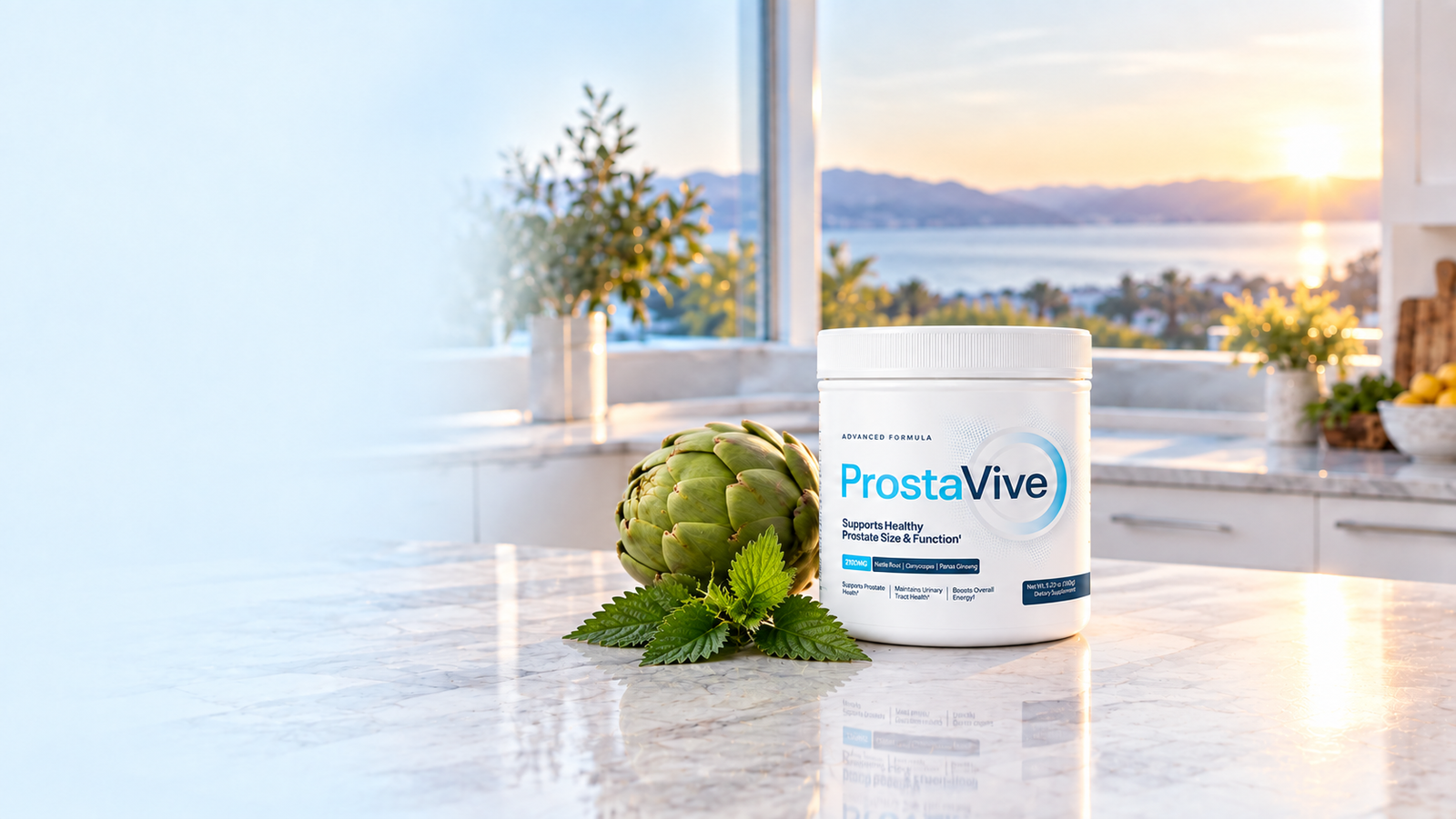 ProstaVive container with selected botanical ingredients in a bright morning kitchen
