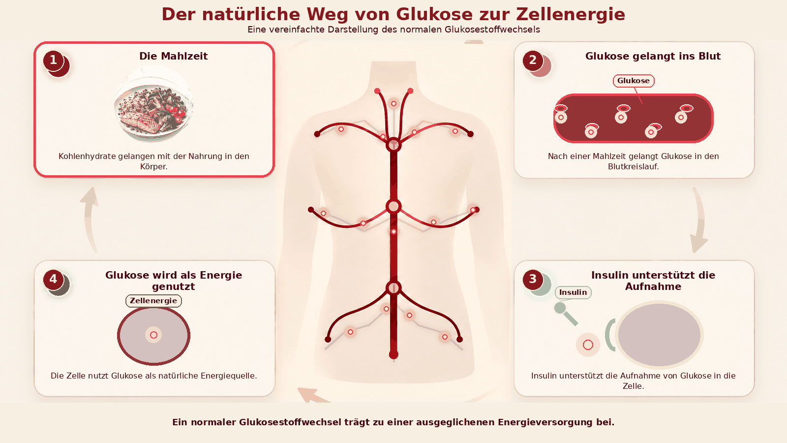 Animierte Darstellung des Glukosestoffwechsels in vier Schritten