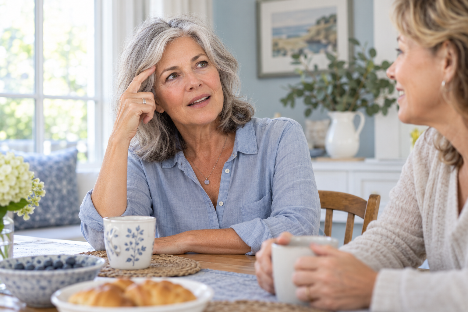 Silver-haired woman pausing thoughtfully during a conversation at home