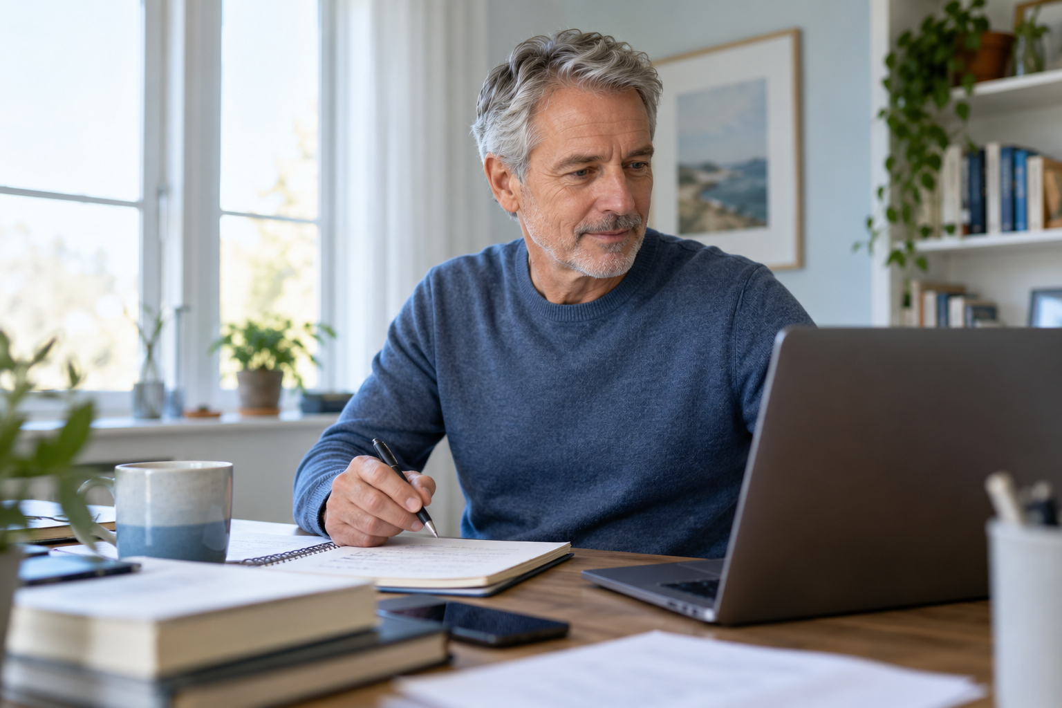 Grey-haired man returning to his work at a home desk