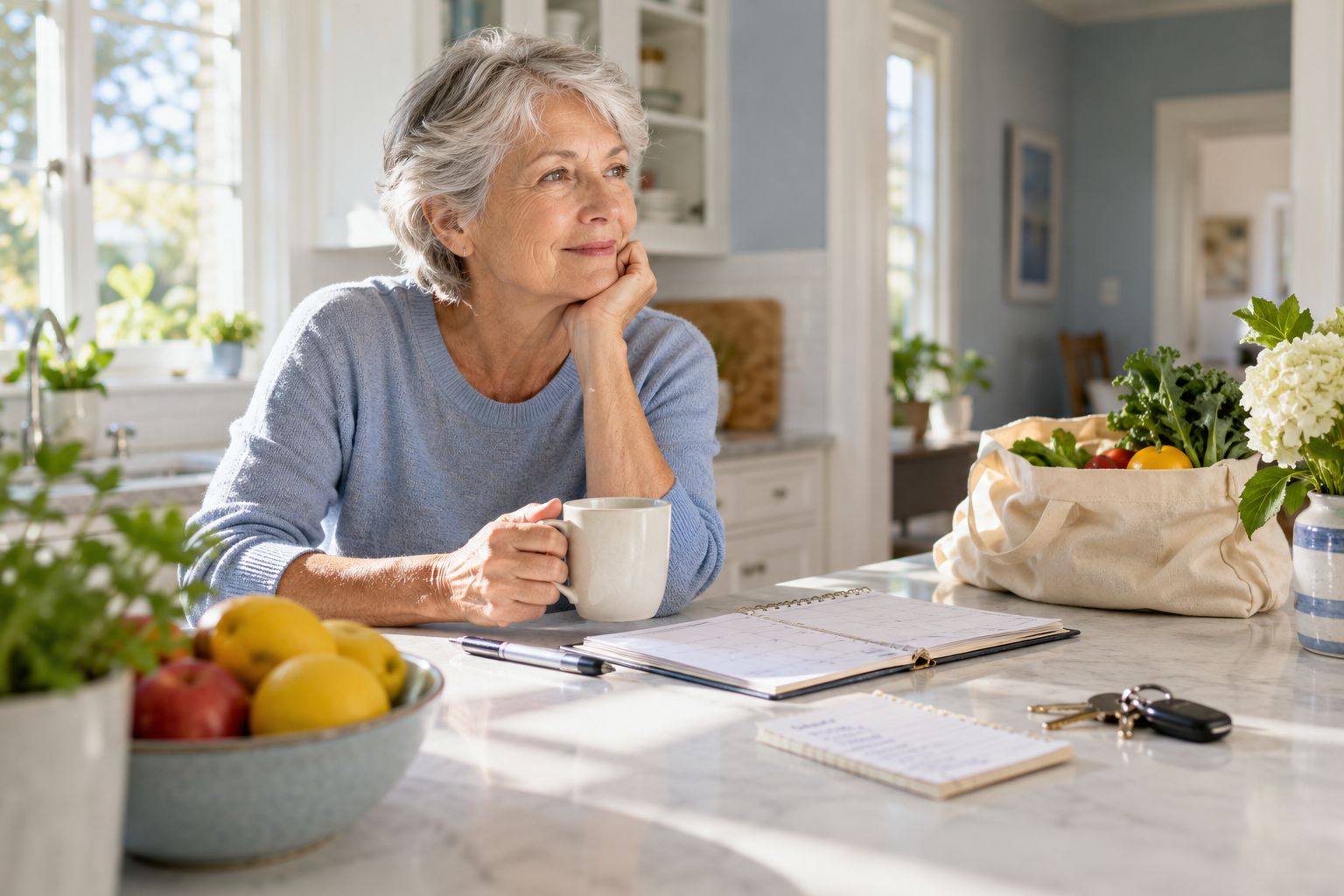 Silver-haired woman taking a quiet pause during her daily routine